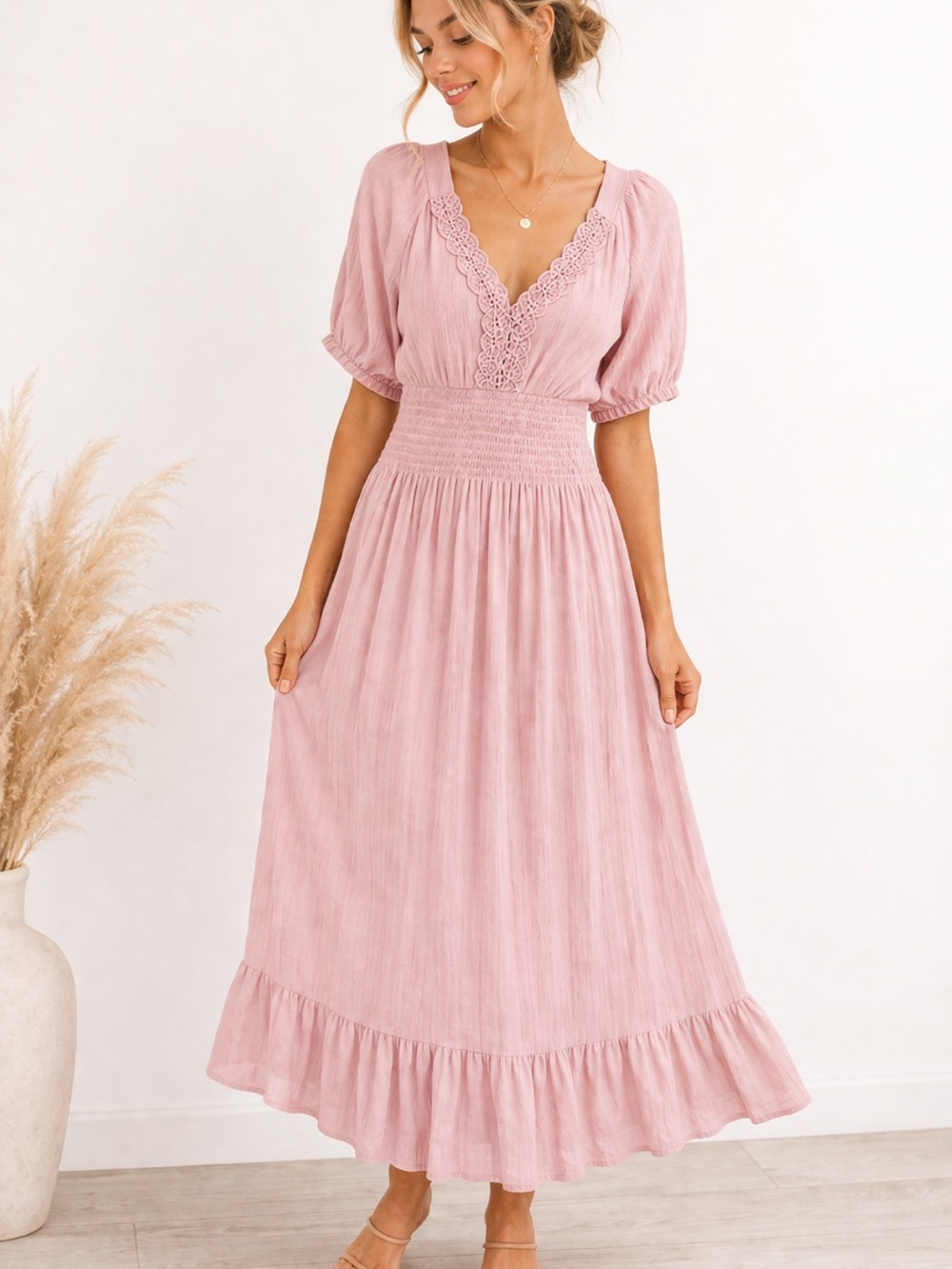 Kings Road Pink Boho Maxi Dress Lace Trim Smocked Waist Medium